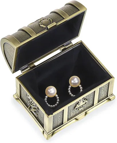 Vista 3 de Hipiwe Joyero de metal vintage, baúl del tesoro, aretes, collar, recuerdo, regalo para niñas, damas y mujeres (bronce, mediano)