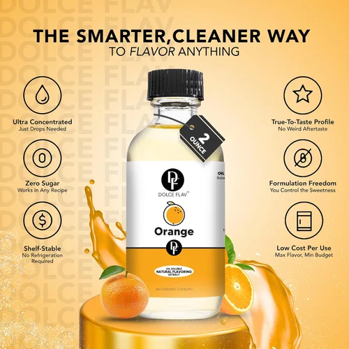 Vista 2 de Dolce Flav Extracto Natural de Naranja – 2 Onzas Soluble en Aceite Kosher, Sin Azúcar, Sabor Cítrico Concentrado para Dulces, Chocolates y Postres