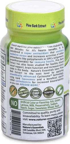 Vista 4 de NATURE'S ESSENTIALS Extracto de corteza de pino 200 mg Soporte circulatorio clínicamente estudiado Entrega liposomal de ciclosoma avanzada Sin