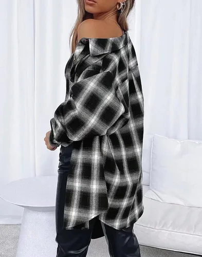 Vista 3 de Lacozy Camisa de franela a cuadros para mujer, manga larga, cuello con botones, blusas