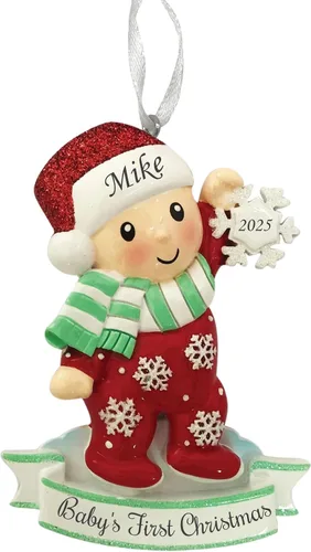 Vista 6 de Adorno personalizado para bebé niño en pijama con copo de nieve 2024, adorno para primer árbol de Navidad, decoración artesanal personalizada