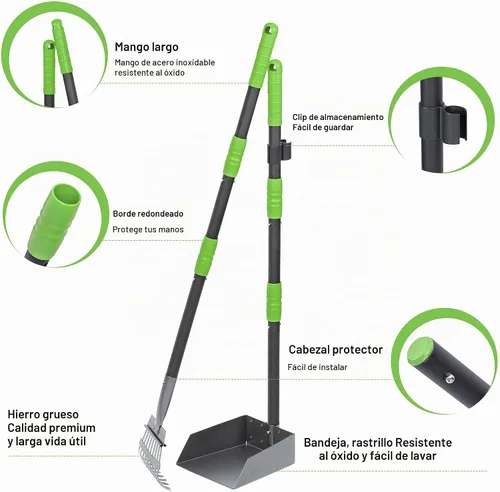 Vista 2 de Niubya Recogedor de excrementos para perros, bandeja de metal para recoger excrementos y rastrillo con mango largo ajustable, recogedor de Negro