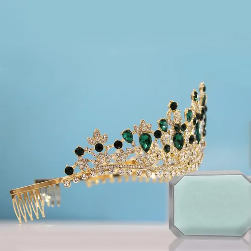 Vista 2 de Tiaras doradas de cristal para boda, corona de reina barroca con peine