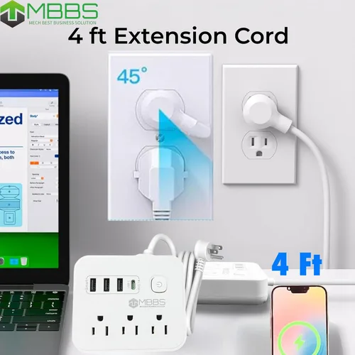 Vista 4 de Regleta de protección contra sobretensiones de 4 pies con USB C, protección 1200J, cable de extensión resistente, (7 en 1), 3 salidas de CA, 4