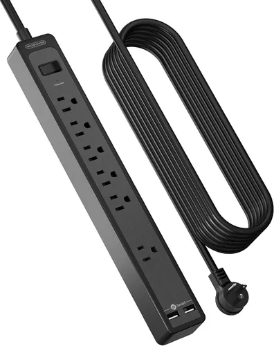 Vista 14 de Cable de extensión de 15 pies, protector de sobretensiones de 6 salidas, tira de alimentación larga y resistente de enchufe plano, enchufe plano