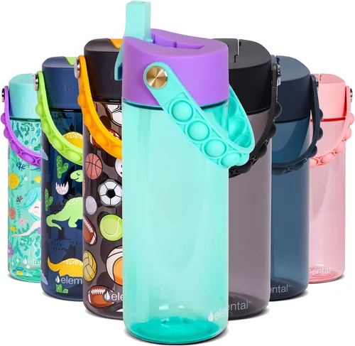 Vista 52 de Elemental Botellas de agua para niños – Botella de agua para niños Splash para la escuela con mango Pop-it – Botella de agua de plástico Tritan sin