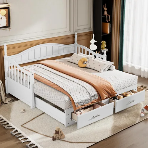Vista 28 de VilroCaz Cama de sofá de tamaño individual de madera con estantes de almacenamiento y escritorio de estudio, estructura de cama de día Blanco