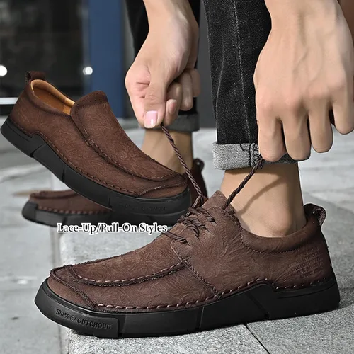 Vista 4 de Zapatillas casuales de cuero genuino para hombre, zapatos planos de punta redonda, suela suave con cordones, cómodos zapatos de senderismo al aire