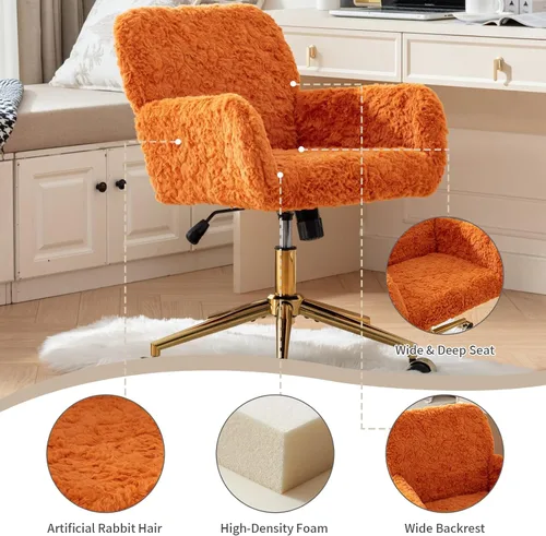 Vista 6 de Silla de oficina artificial de pelo de conejo copetudo, silla naranja con base de metal dorado, silla de escritorio ajustable, silla de oficina