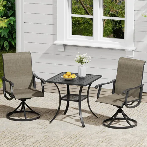Vista 32 de VICLLAX Muebles pequeños de exterior de 3 piezas, 2 sillas giratorias de patio y mesa redonda pequeña para 2, sillas de carbón oscuro y negro