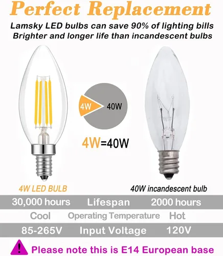 Vista 4 de Bombilla LED con forma de vela de filamento E14, bombilla de base europea E14, blanco neutro 4000 K, equivalente a 4000 lúmenes, 40 W