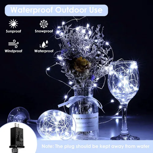 Vista 2 de Guirnalda de luces LED enchufables de 33 pies, impermeable, para exteriores e interiores, 8 modos con temporizador, luz de Navidad, decoración