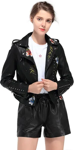 Vista 3 de LY VAREY LIN Chaqueta de cuero sintético bordado floral para mujer