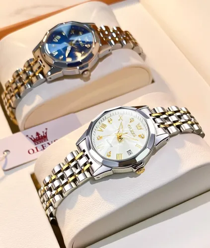 Vista 4 de OLEVS Reloj de pulsera para mujer, de acero inoxidable, de dos tonos, de acero inoxidable, analógico, de cuarzo, para mujer