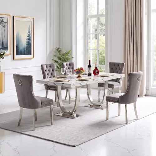 Vista 14 de Henf Mesa de comedor rectangular de mármol sintético blanco de 70 pulgadas Blanco & Oro