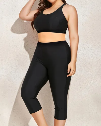 Vista 4 de Yonique Trajes de baño de 3 piezas de talla grande para mujer, tankini con brasier deportivo y capris de natación, trajes de baño atléticos
