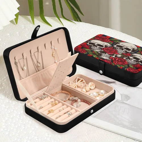 Vista 6 de Flradish Beautiful Rose and Skull Travel Jewelry Box,Portable PU Leather Small Jewelry Organizer for Earrings,Ring,Necklaces,Bracelets