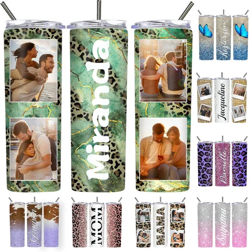 Vista 25 de Vaso delgado personalizado con purpurina con tapas y popotes, nombres, vasos de acero inoxidable personalizados con imagen para mujeres, hombres