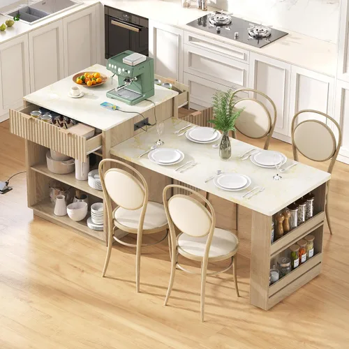 Vista 8 de Merax Isla de cocina acanalada de 82.6 pulgadas con mesa de comedor extensible para 4-6, mesa de isla para cocina con toma de corriente, mesa