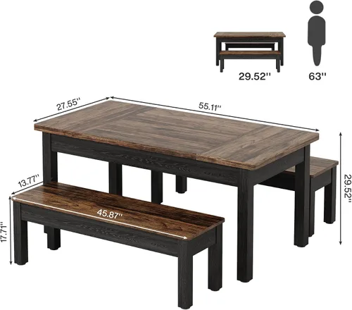 Vista 2 de Tribesigns Juego de Mesa de Cocina de Granja para 4-6, Mesa de Comedor de Madera de 55 Pulgadas con 2 Bancos, Juego de Comedor de 3 Piezas