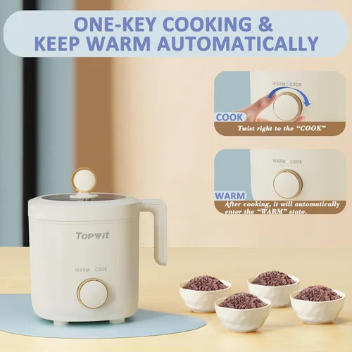 Vista 4 de TOPWIT Arrocera pequeña, mini olla arrocera para 2 tazas sin cocinar, arrocera portátil de 1.2 litros con revestimiento antiadherente, sin BPA, Beige