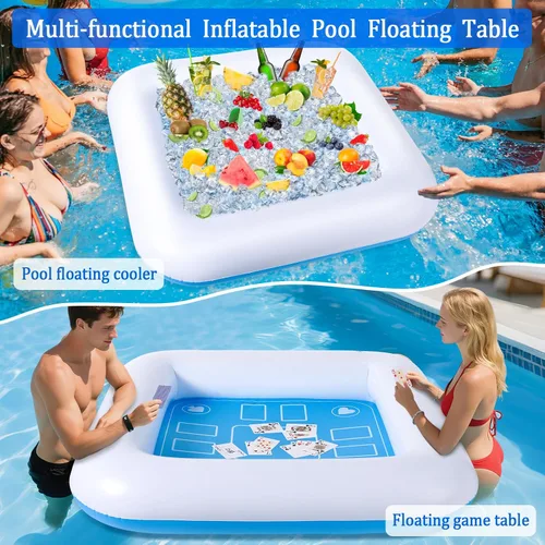 Vista 8 de Mesa de juego inflable para piscina con cartas impermeables (35.5 x 35.5 pulgadas, azul/blanco)