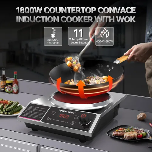Vista 4 de leconchef - Olla de inducción con Wok 1800W quemador de inducción eléctrico profesional con ajuste de 11 niveles para cocinar, temporizador de 24