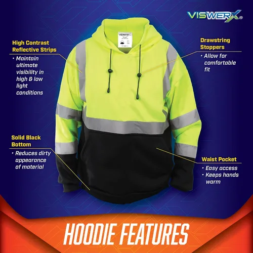 Vista 5 de Sudadera con capucha Hi-Vis - ANSI CL3 - Sudadera reflectante para trabajo, construcción y zonas de alto tráfico, sudadera con capucha