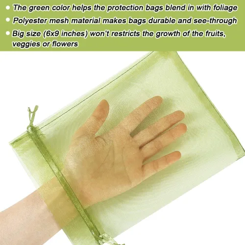 Vista 4 de 100 piezas de bolsas de protección de frutas 15x23 cm, bolsas de cobertura de malla verde con cordón, protectores de frutas de malla, barrera contra