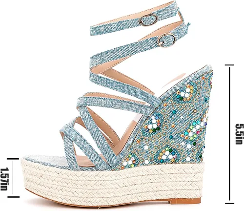 Vista 2 de WENOREG Sandalias de tacón alto con diamantes de imitación para mujer, con hebilla doble ajustable, correa cruzada de moda de verano, puntera
