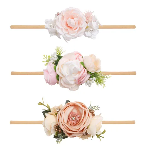 Vista 21 de cherrboll 3 diademas de flores para bebé, súper suaves y elásticas, de nailon, para recién nacidas
