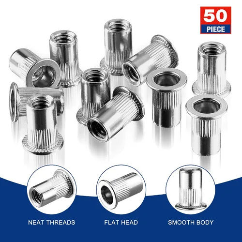 Vista 4 de WORKPRO 50 tuercas de remache, tuerca remachable de acero inoxidable de 1/4"-20, cabeza plana roscada con cuerpo moleteado