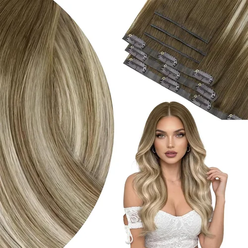 Vista 28 de Ve Sunny Extensiones de cabello clip-in de cabello humano real con reflejos, extensiones de cabello con clip para cabello corto, marrón oscuro