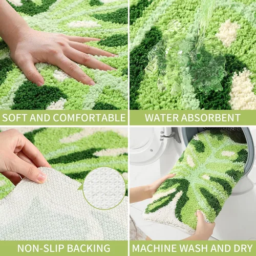 Vista 4 de Litabel Juego de Alfombras de Baño de Hoja Verde de 2 Piezas, Lindas Alfombrillas de Baño Antideslizantes en Forma de Monstera de Felpa, Juego