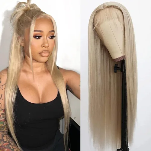 Vista 18 de Lovestory Peluca de encaje frontal larga y recta color blanco platino, predepilada, rubio platino, pelucas de encaje frontal sintético para mujeres