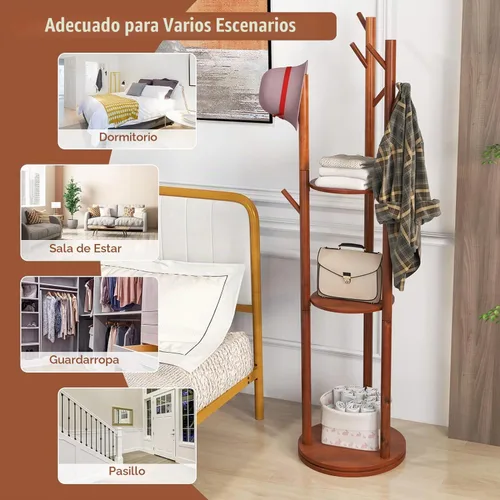 Vista 6 de Generic Perchero de madera independiente con 3 estantes y 9 ganchos, soporte resistente y fácil de montar para entrada, pasillo, dormitorio