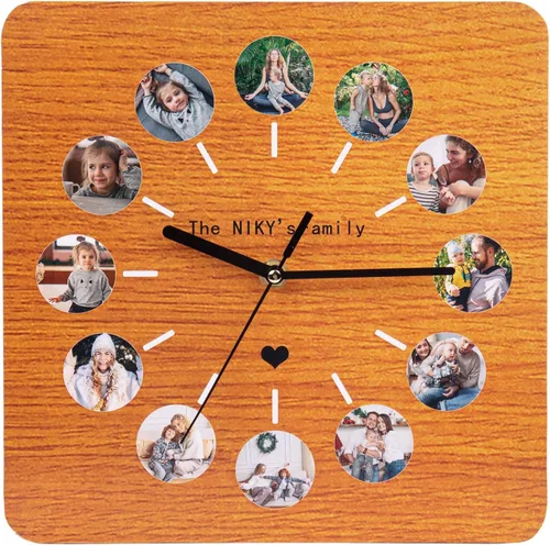 Vista 7 de Reloj personalizado con marcos familiares, decoración de pared, multifoto, grabado con nombre y fecha, relojes digitales inusuales de madera