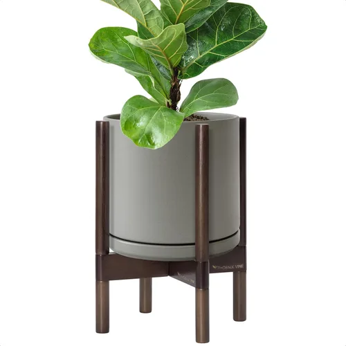 Vista 86 de D'vine Dev Maceta de cerámica con soporte de ébano – Maceta redonda moderna de 8 pulgadas con soporte para maceta de madera, color negro, 55-B-M-2