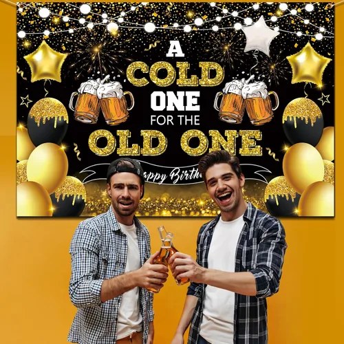 Vista 5 de Decoraciones de fiesta de cerveza, telón de fondo de feliz cumpleaños negro y dorado para hombres, un frío para el anciano, pancarta de fondo