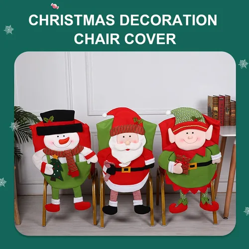 Vista 2 de Juego de 2 fundas para respaldo de silla de Navidad, diseño de Papá Noel, muñeco de nieve, elfo, fundas para sillas de cena de Navidad, fundas