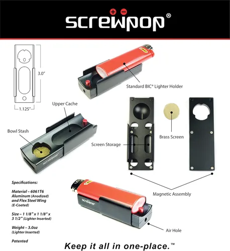 Vista 2 de Screwpop Hit Kit - Soporte compacto estándar para encendedor BIC y almacenamiento personal de aluminio anodizado de grado espacial negro
