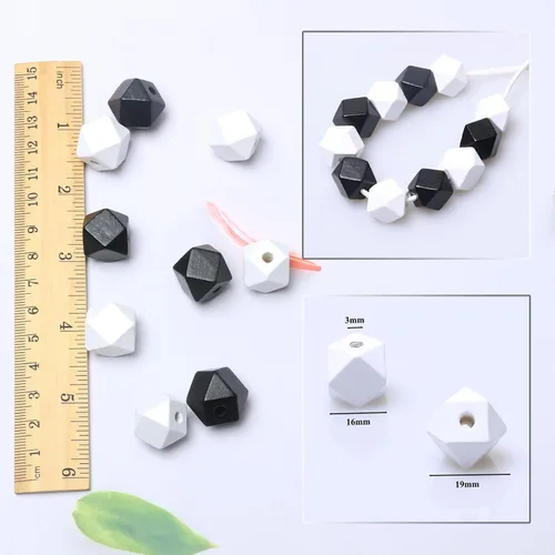 Vista 4 de 100 cuentas geométricas de madera de 0.630 in, cuentas espaciadoras de madera con forma de polígono en blanco y negro para proyectos