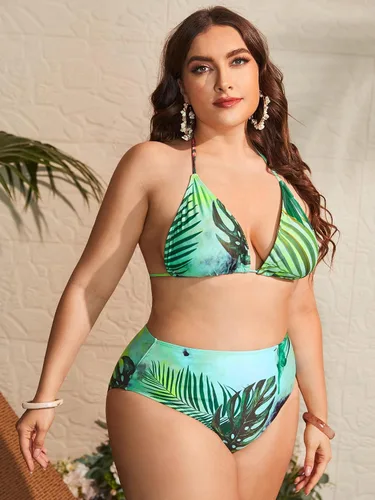 Vista 3 de OYOANGLE Traje de baño tropical de 3 piezas para mujer, talla grande, con cuello halter, triángulo, bikini con cubierta