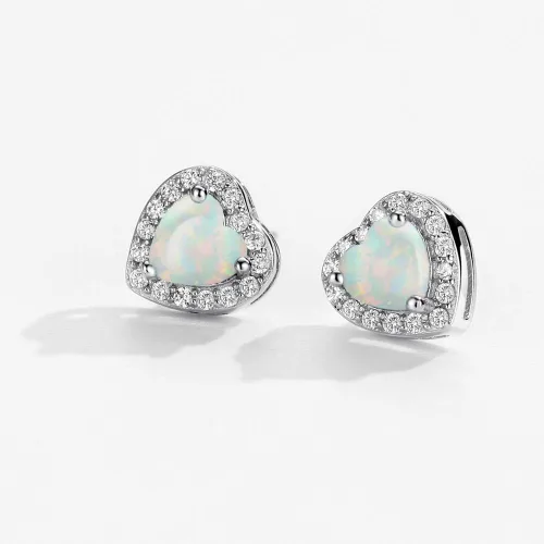 Vista 3 de Pendientes de ópalo de plata de ley con forma de corazón de circonio cúbico de octubre de piedra natal