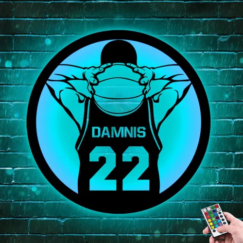 Vista 3 de Letrero de metal personalizado para jugador de baloncesto con luz LED, nombre y número personalizados, arte de pared de baloncesto, decoración