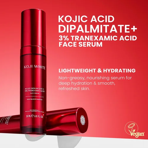 Vista 3 de Koji White Suero de ácido kójico 2% + 3% ácido tranexámico, 5% niacinamida Hidratante facial calmante hidratante para pieles irregulares – Cuidado