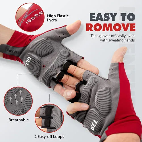 Vista 5 de Hikenture Guantes de ciclismo para hombre, guantes de bicicleta, guantes de ciclismo acolchados de 0.197in, guantes de bicicleta de medio dedo