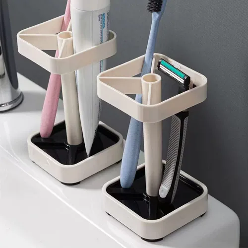 Vista 6 de El soporte para cepillos de dientes con taza/cubierta contiene 3 ranuras, compatible con cepillos de dientes convencionales, puede almacenar pasta