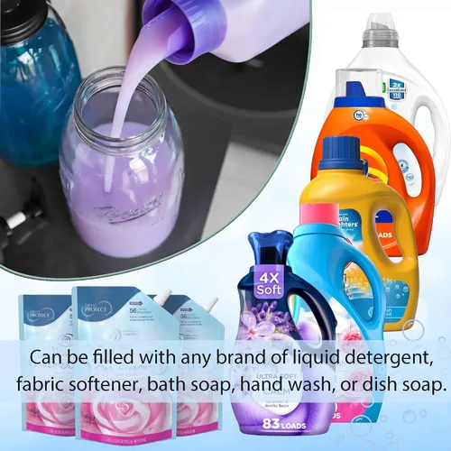 Vista 5 de Dispensador de detergente para ropa de vidrio, juego de 2 recipientes de detergente para ropa, recargable y reutilizable, dispensador de jabón
