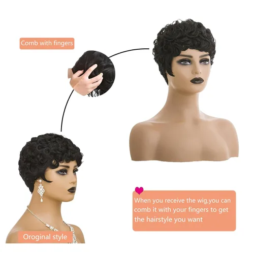 Vista 5 de Pelucas cortas Pixie para mujeres negras, corte Pixie negro natural, pelucas cortas y rizadas afroamericanas, pelo sintético con flequillo